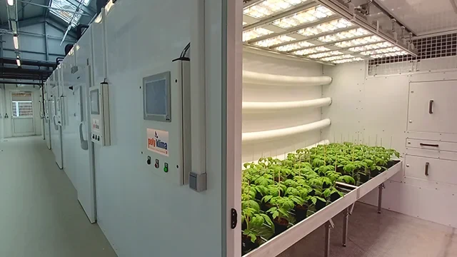 Eine Wissenschaftlerin und ein Wissenschaftler arbeiten hinter einer Glasfassade und mischen Chemikalien mit Großgeräten.